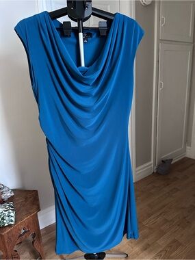 Ronni Nicole Teal Blue Draped Cowl Neck Midi Dress